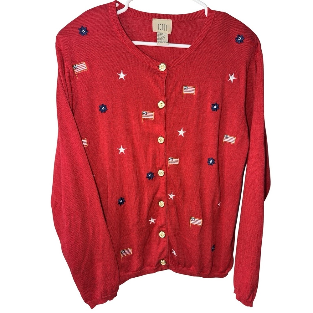Vtg Teddi Flag Size L Red Cardigan Sweater Embroidered Patriotic Gold Button